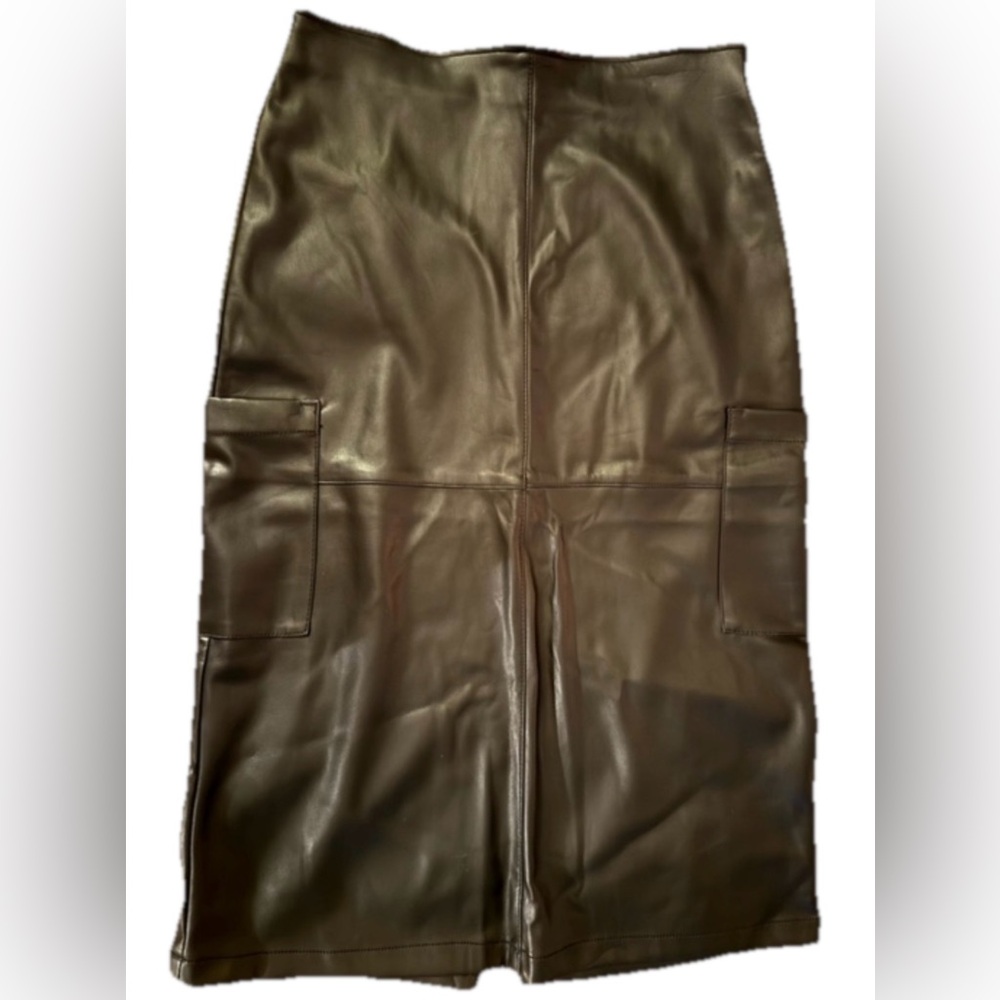 Hunter & Brown Faux Leather Skirt, Straight, Cargo Pockets, Back Vent, Y2K, Midi